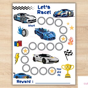 May include: A printable reward chart titled Let's Race! featuring a winding path of chequered circles, various sports cars in blue, silver, and white, a yellow trophy, a chequered flag, a lightning bolt, flames, and fuel cans with the text You did it!