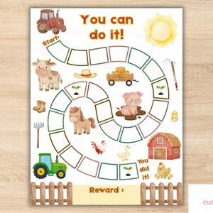 May include: A farm-themed reward chart featuring a winding path of squares, watercolor illustrations of a red tractor, cow, horse, pig, chicken, duck, and barn, with the text You can do it! at the top and Reward : at the bottom with a wooden fence.