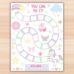 May include: A printable reward chart featuring a winding path of colorful squares, the text YOU CAN DO IT, and illustrations of a unicorn, rainbow, stars, flowers, cherries, and a butterfly. At the bottom, a rectangular space is labeled REWARD.