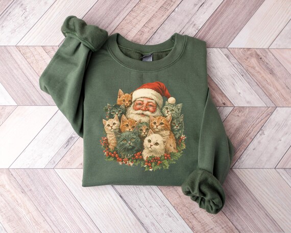 Santa Claus Cat Christmas Sweatshirt, Christmas Season Shirt, Cute Kitten Winter Sweater, Funny Santa Shirt, Cat Lover  Shirt, Xmas Gift