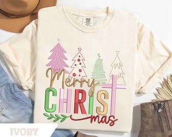 Comfort Colors© Embroidered Merry Christ Mas Christian Christmas Tee, Jesus Christmas Shirt, Christmas Shirt, Religious Christmas Tee