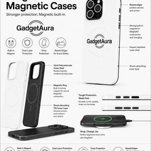 May include: White and black phone cases with the text "Tough Magnetic Cases" and "GadgetAura". The cases feature built-in magnets, dual-layer protection, and raised edges for extra safety. The image also shows a wireless charger.