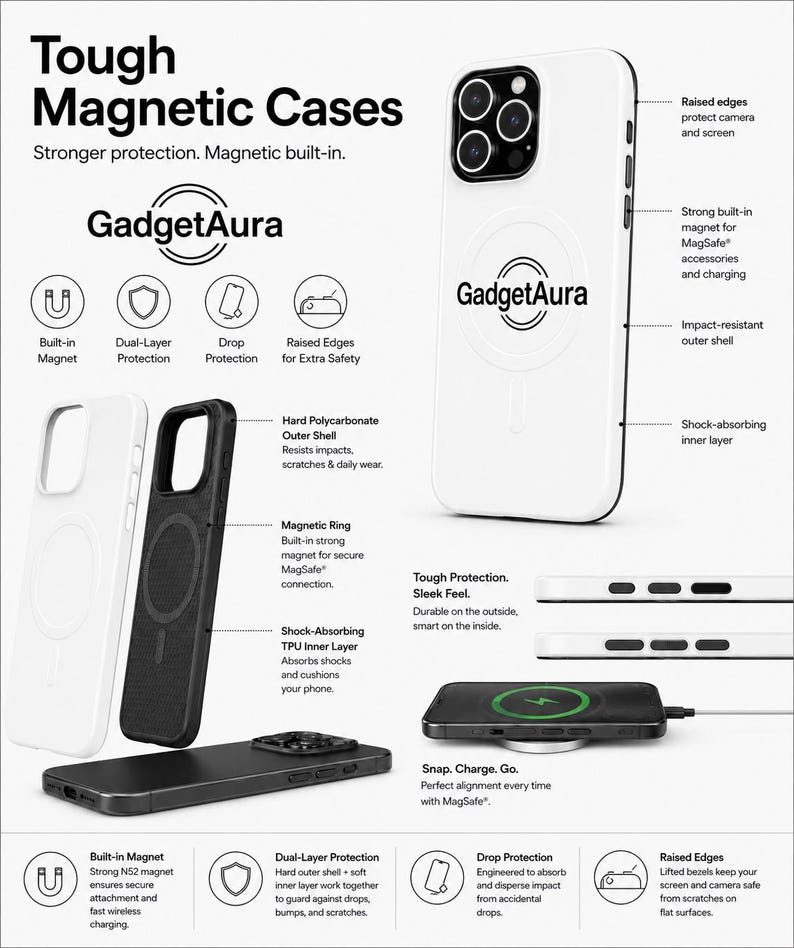 May include: White and black phone cases with the text "Tough Magnetic Cases" and "GadgetAura". The cases feature built-in magnets, dual-layer protection, and raised edges for extra safety. The image also shows a wireless charger.