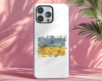 Coque de portable drapeau ukrainien floral, fleurs bleues et jaunes esthétique ukrainienne, support avec coque de téléphone minimale de l'Ukraine