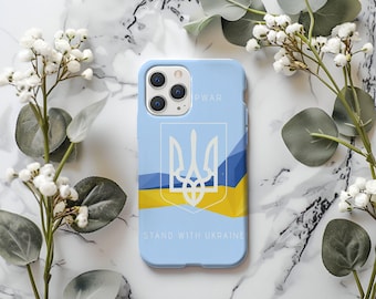 Support avec coque de portable Ukraine, coque Tryzub avec symbole ukrainien, coque patriotique bleu jaune, coque Samsung Stop War Ukraine pour iPhone