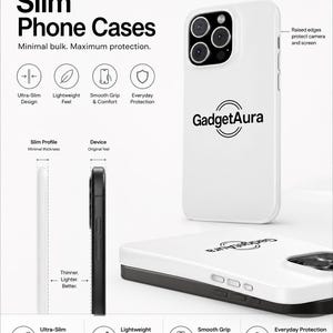 May include: White and black slim phone cases with the text "Slim Phone Cases" and "GadgetAura". The cases have raised edges to protect the camera and screen. Features include ultra-slim design, lightweight feel, smooth grip, and everyday protection.
