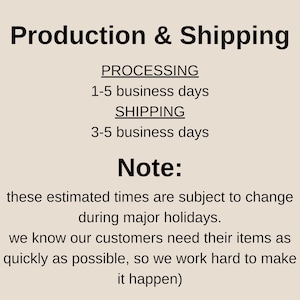 May include: Text on a beige background reads "Production & Shipping." It details processing time as 1-5 business days and shipping as 3-5 business days. A note indicates estimated times may change during holidays.