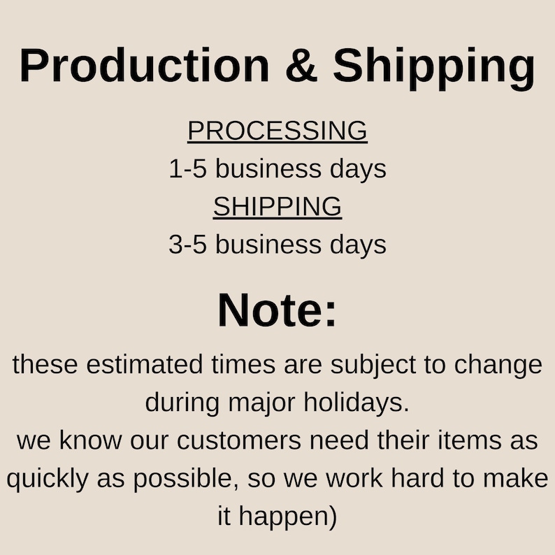 May include: Text on a beige background reads "Production & Shipping." It details processing time as 1-5 business days and shipping as 3-5 business days. A note indicates estimated times may change during holidays.