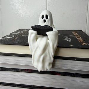 May include: A white ghost figurine with black eyes and a black mouth, holding an open black book. The ghost is positioned on the edge of a stack of books, one of which has the text Anathema's Curse printed in white on its black cover.