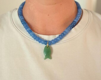 Beaded Jade Necklace with Gemstone Fish Charm
