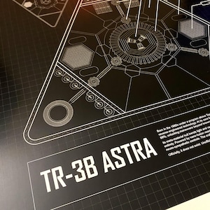 May include: Black and white schematic diagram of the TR-3B ASTRA, a triangular aircraft. The design features geometric shapes, circles, and lines, with the text "TR-3B ASTRA" prominently displayed. Additional text describes the aircraft's technology.