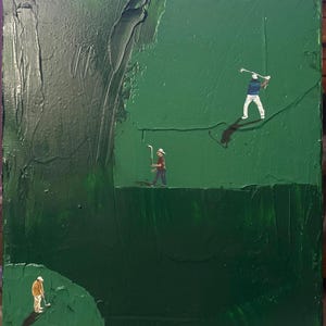 May include: An abstract painting of a golf course with textured green paint. Miniature figures of golfers are depicted in action, with shadows cast on the green surface. The artwork captures a dynamic scene of the sport.