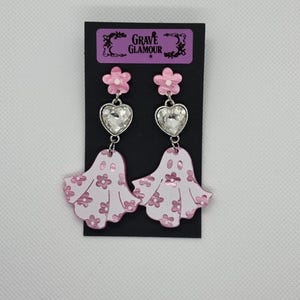 Pink Ghost Dangle Earrings: Kawaii Pastel Goth Jewelry with Crystal Hearts