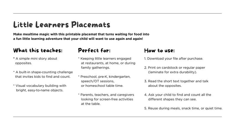 Little Learners Screen-free Kids Placemat | Printable | Opposites ...