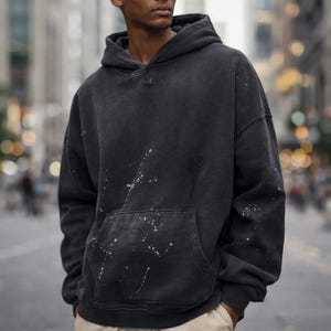 Sudadera con capucha vintage lavada de gran tamaño, jersey de algodón grueso de 360 g/m², sudadera unisex de calle, con efecto desgastado y salpicadura de pintura.