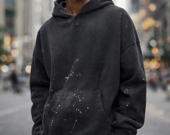 Vintage Washed Oversized Hoodie, Schwergewicht 360 gsm Baumwollpullover, Unisex Streetwear Sweatshirt, Distressed Paint Splatter