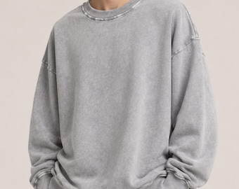 Sudadera extragrande lavada de 360 g/m², cuello redondo de algodón grueso, jersey oversize con lavado vintage, hombros caídos, estilo urbano unisex.