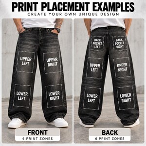 May include: Dark gray denim jeans shown from front and back views with white dashed rectangles indicating print placement zones. Text labels identify areas as Upper Left, Upper Right, Lower Left, Lower Right, and Back Pocket Left and Right.