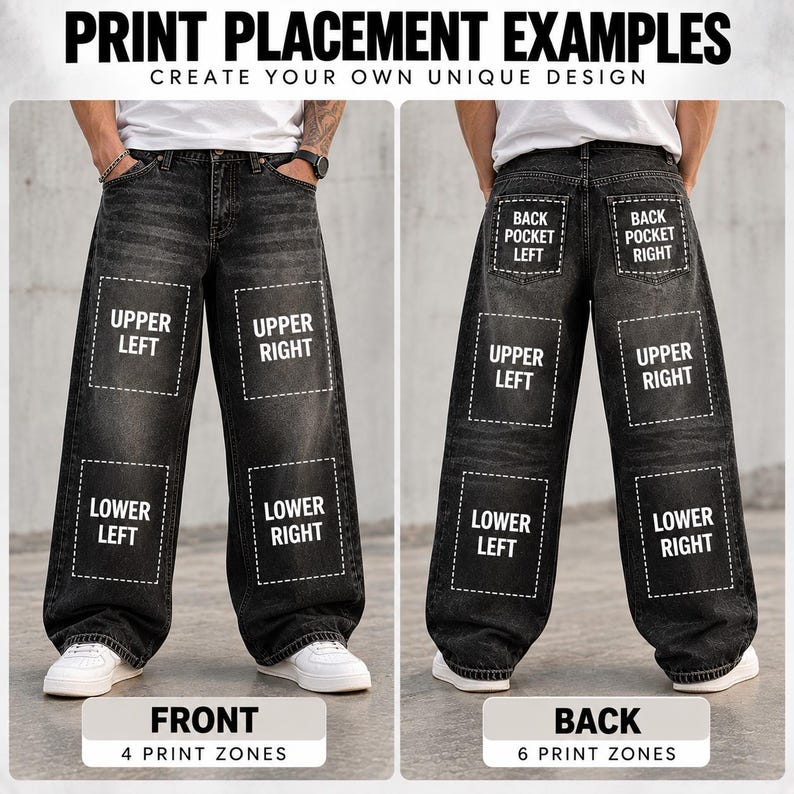 May include: Dark gray denim jeans shown from front and back views with white dashed rectangles indicating print placement zones. Text labels identify areas as Upper Left, Upper Right, Lower Left, Lower Right, and Back Pocket Left and Right.