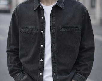 Chaqueta vaquera vintage lavada, chaqueta tipo camisa de algodón grueso, prenda unisex de estilo urbano, chaqueta gris oscuro con botones a presión.
