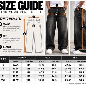 May include: A size guide for black denim jeans featuring a diagram with numbered measurement points for waist, hip, and length. The image includes a table listing dimensions in inches and centimeters for sizes S through 2XL, alongside photos of the jeans.