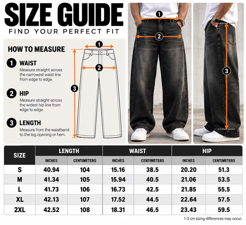 May include: A size guide for black denim jeans featuring a diagram with numbered measurement points for waist, hip, and length. The image includes a table listing dimensions in inches and centimeters for sizes S through 2XL, alongside photos of the jeans.