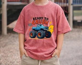 Gepersonaliseerde Monster Truck-verjaardagsshirt • Aangepaste naam kinder-T-shirt • Peuterfeestoutfit • Verjaardagscadeau voor jongens