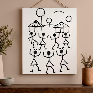 May include: A white canvas art print featuring a black line drawing of stick figures dancing. The artwork depicts figures with raised arms and simple geometric shapes representing buildings and trees. The canvas is hung with a brown string.