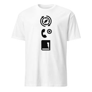 May include: White t-shirt with a black graphic design. The design features a compass, a phone with an X, and a book. The shirt is made of a soft material and has short sleeves.