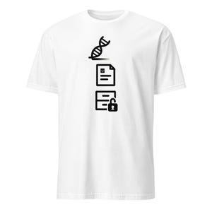 May include: White t-shirt with a black graphic design. The design features a DNA strand, a document icon, and a file folder with a padlock, possibly representing genetics, data, and security. The shirt is made of a soft, comfortable material.