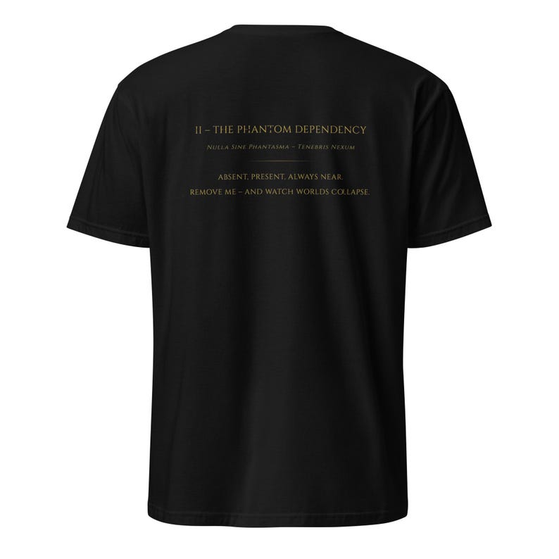 Tech Horror Codex: II—The Phantom Dependency | Gold & Blue on Black T-Shirt | Software Engineer Gift | Developer Tarot