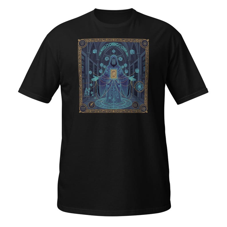 Tech Horror Codex: II—The Phantom Dependency | Gold & Blue on Black T-Shirt | Software Engineer Gift | Developer Tarot