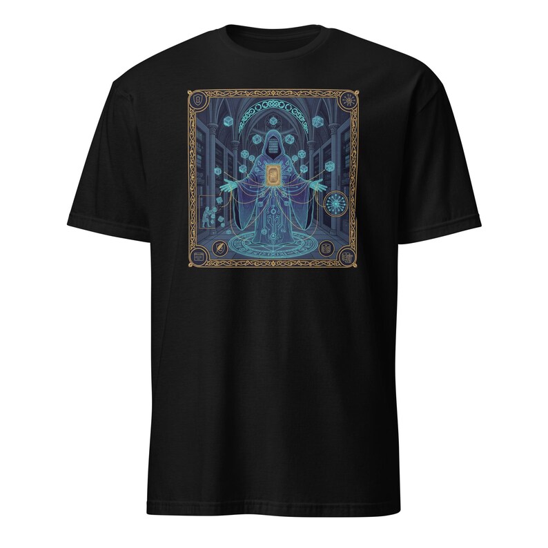 Tech Horror Codex: II—The Phantom Dependency | Gold & Blue on Black T-Shirt | Software Engineer Gift | Developer Tarot