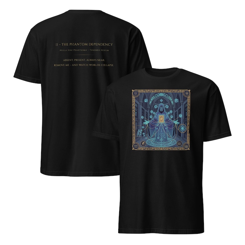 Tech Horror Codex: II—The Phantom Dependency | Gold & Blue on Black T-Shirt | Software Engineer Gift | Developer Tarot