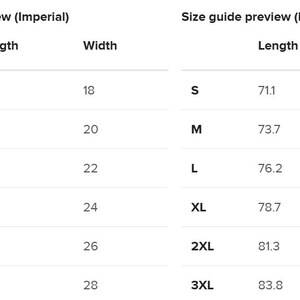K&ouml;nnte beinhalten: Gr&ouml;&szlig;entabelle f&uuml;r Kleidung, die L&auml;ngen- und Breitenma&szlig;e in Zoll und Zentimetern f&uuml;r die Gr&ouml;&szlig;en S bis 3XL anzeigt. Die imperialen und metrischen Ma&szlig;e werden nebeneinander dargestellt.