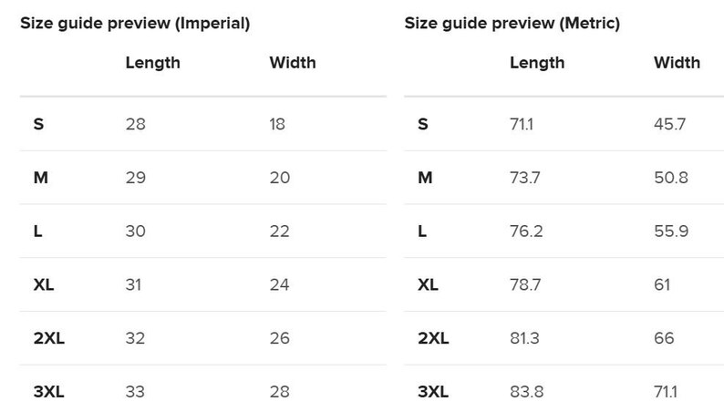 K&ouml;nnte beinhalten: Gr&ouml;&szlig;entabelle f&uuml;r Kleidung, die L&auml;ngen- und Breitenma&szlig;e in Zoll und Zentimetern f&uuml;r die Gr&ouml;&szlig;en S bis 3XL anzeigt. Die imperialen und metrischen Ma&szlig;e werden nebeneinander dargestellt.