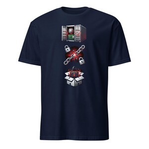 May include: Navy blue t-shirt with a graphic design featuring a container, a chain with locks, and a box with a computer. The design is in a cartoon style with red and white accents. The shirt is made of a soft, comfortable material.