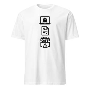 May include: White t-shirt with a black graphic design. The design features a laptop with a ghost icon, a code snippet, and a toolbox with a warning symbol. The shirt is made of a soft, comfortable material.