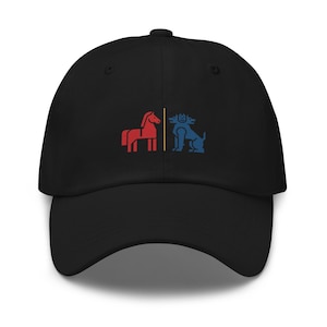 May include: Black baseball cap with a red horse and blue three-headed dog graphic. The cap has a curved brim and an adjustable strap at the back. The graphic is centered on the front of the cap.