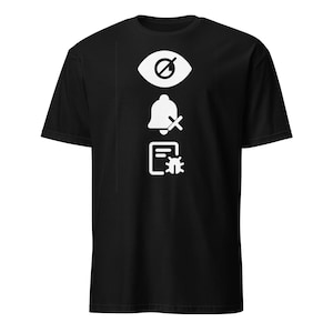 May include: Black t-shirt featuring three white graphic icons: an eye with a line through it, a bell with a cross, and a document with a bug. The shirt is made of a soft material.