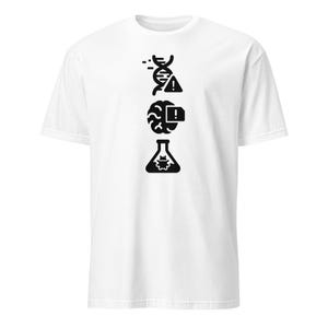 May include: White t-shirt featuring a black graphic design. The design includes a DNA strand, an exclamation point inside a triangle, a brain with a rectangle, and a flask with a gear. The shirt is made of a soft, comfortable material.