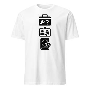 May include: White t-shirt with three black graphic icons: a toolbox with a spanner and question mark, a person and ghost, and a book with a clock and an X. The shirt is made of a soft, comfortable material.