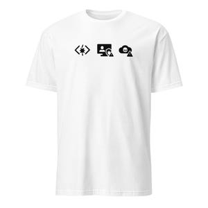 May include: White t-shirt featuring three black graphic icons: a code symbol with a bug, a person with a shield on a computer screen, and a skull with a cloud. The shirt is made of a soft, comfortable material.
