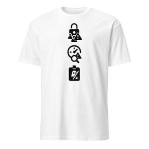 May include: White t-shirt with a black graphic design. The design features three stacked icons: a padlock with people and an exclamation mark, a clock with a magnifying glass, and a battery with a ghost and a virus symbol.