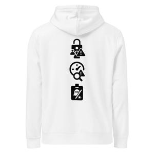 May include: White hooded sweatshirt featuring black graphic icons on the back. The icons include a lock with people, a clock with a magnifying glass, and a ghost with a percentage symbol and sun.