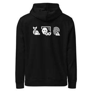 May include: Black hooded sweatshirt with white graphic icons of a ghost, a mask, and a fingerprint. The sweatshirt has a drawstring hood and a kangaroo pocket.