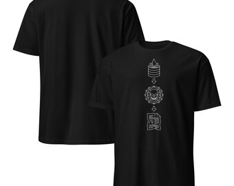 May include: Black t-shirt featuring a white graphic design. The design includes a water droplet, a stack of lines, a skull within a circular pattern, and a document. The shirt has short sleeves and a crew neck.