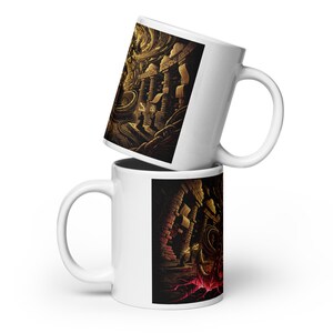 May include: Two white ceramic coffee mugs stacked. Each mug features a detailed, fantasy-themed illustration in shades of gold, brown, and red. The artwork depicts a mysterious architectural scene with figures and intricate details.