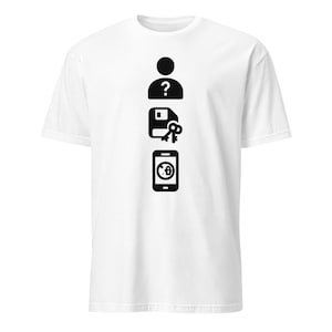 May include: White t-shirt with a black graphic design. The design features a person silhouette with a question mark, a floppy disk with a key, and a smartphone with a lock icon.