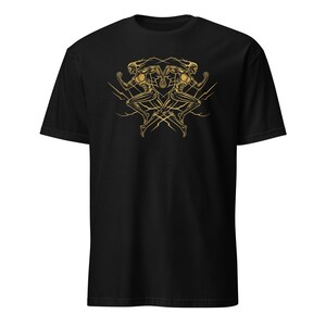 May include: Black t-shirt featuring a gold illustration of two figures in a symmetrical design. The figures are depicted in a dynamic pose with lightning bolt accents, creating a striking visual contrast against the dark fabric.